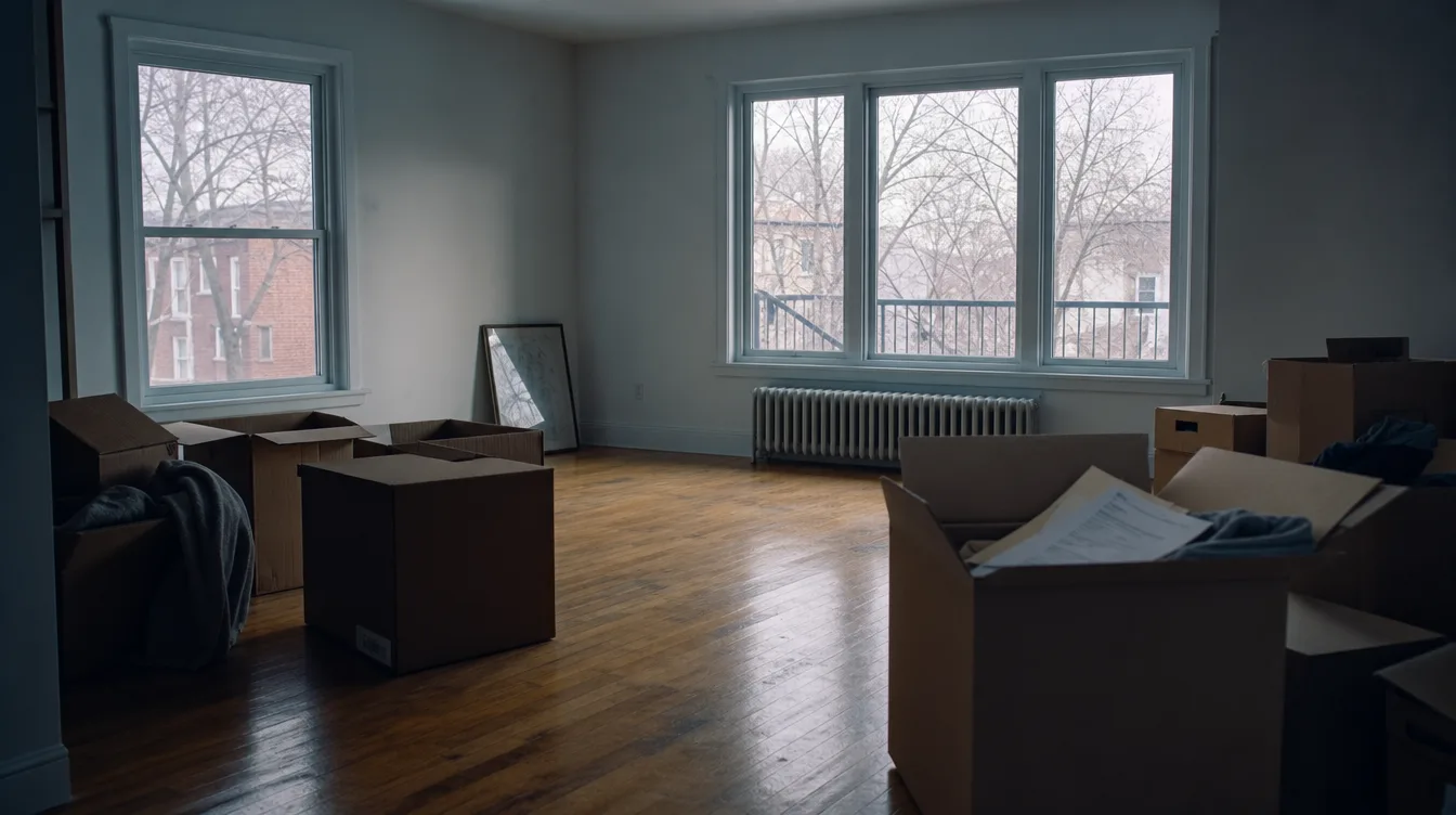 Appartement plex vide, lumière d'hiver, boîtes de déménagement