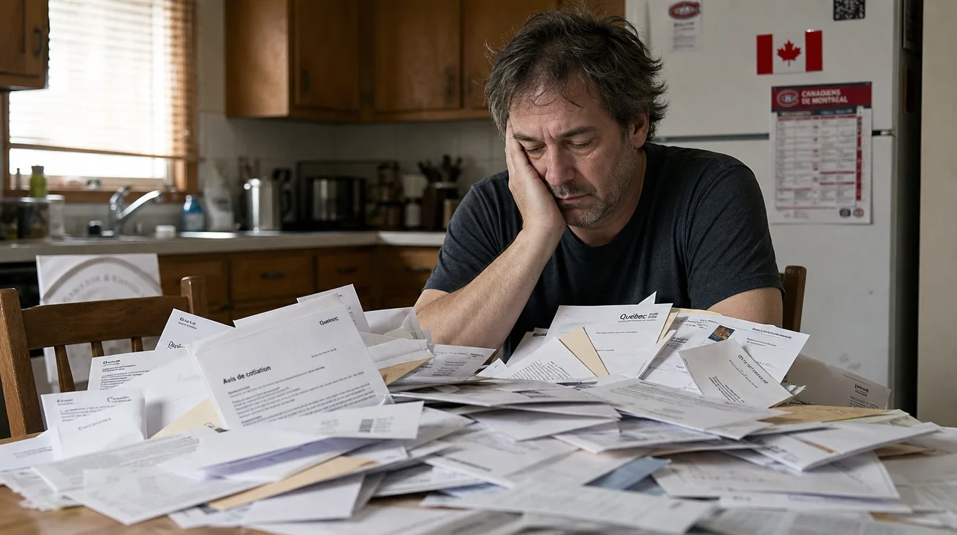Un Québécois fatigué devant une pile de formulaires