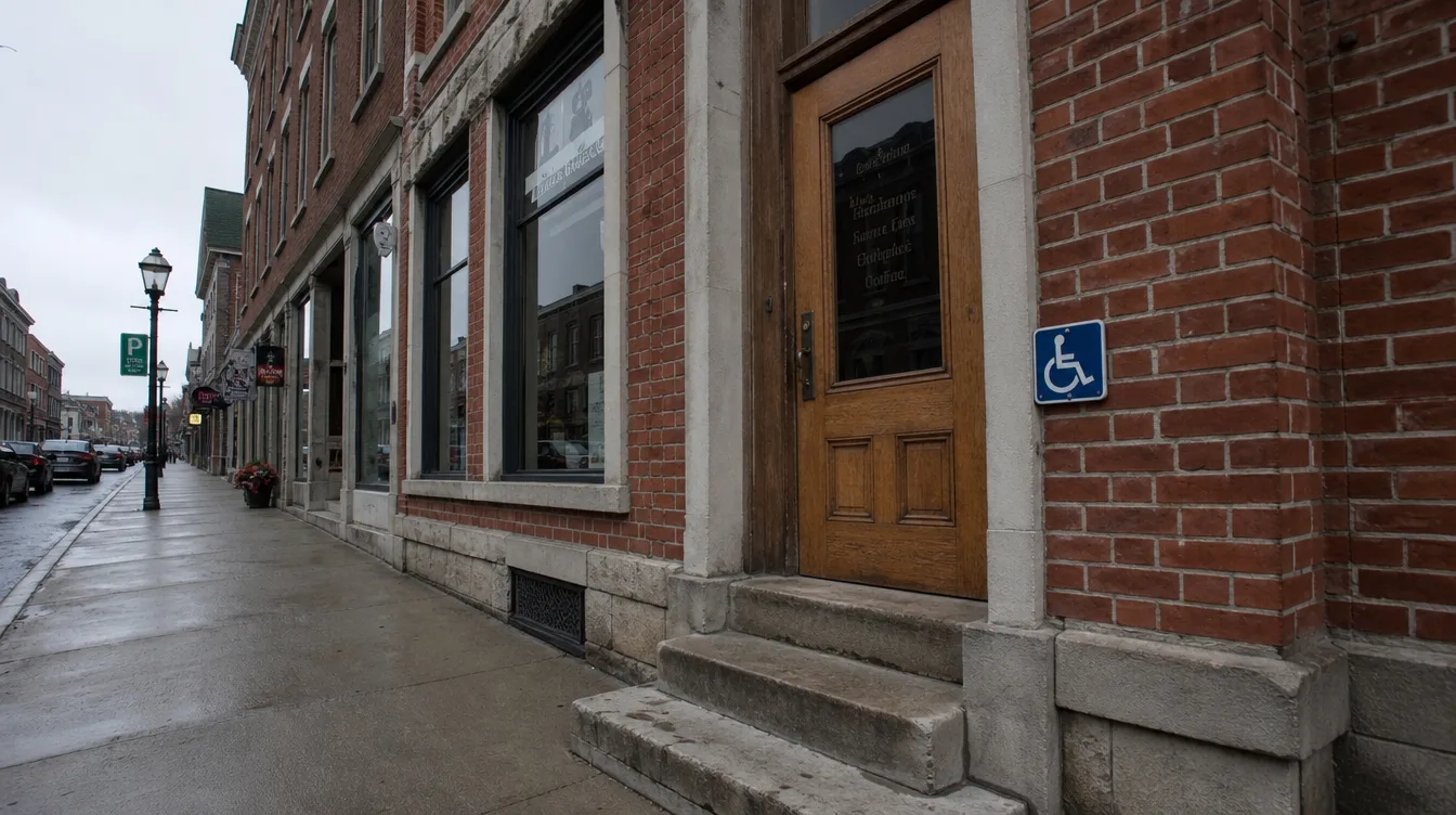 Façade centenaire d'un commerce québécois directement sur le trottoir