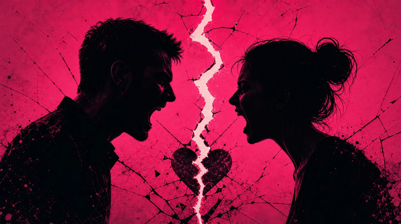 Silhouettes d'un homme et d'une femme en colère face à face, fond rose fracturé par un éclair