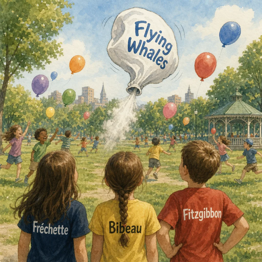 Illustration satirique — la balloune Flying Whales se dégonfle pendant que les enfants jouent