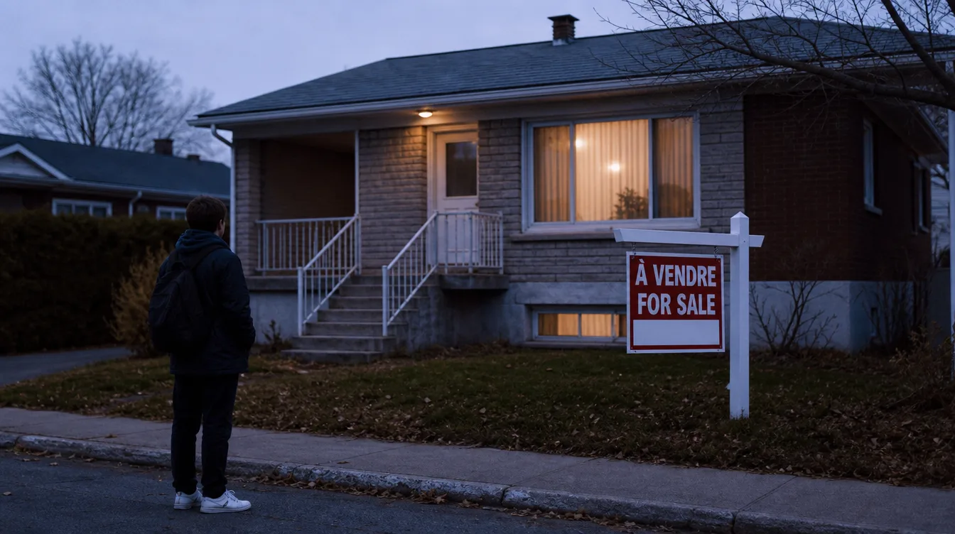 Bungalow québécois modeste avec pancarte À VENDRE / FOR SALE, un jeune sur le trottoir le regarde