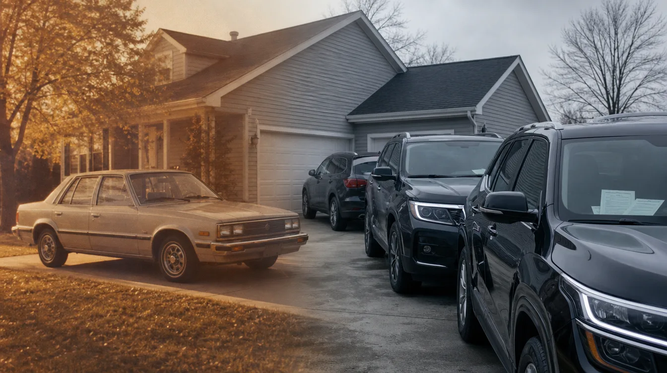 Une berline des années 80 et deux ou trois VUS modernes dans la même entrée