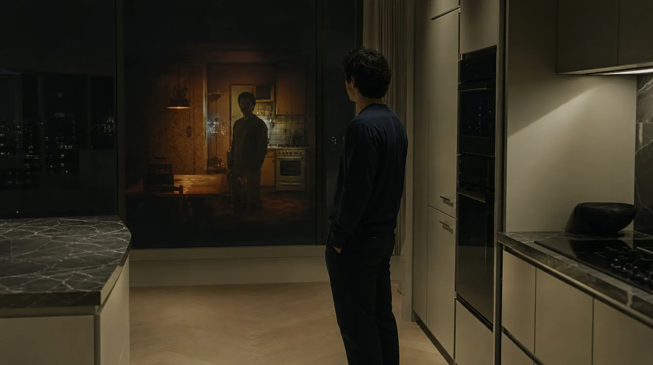 Le reflet d'un grand appartement moderne révélant un petit appartement ancien