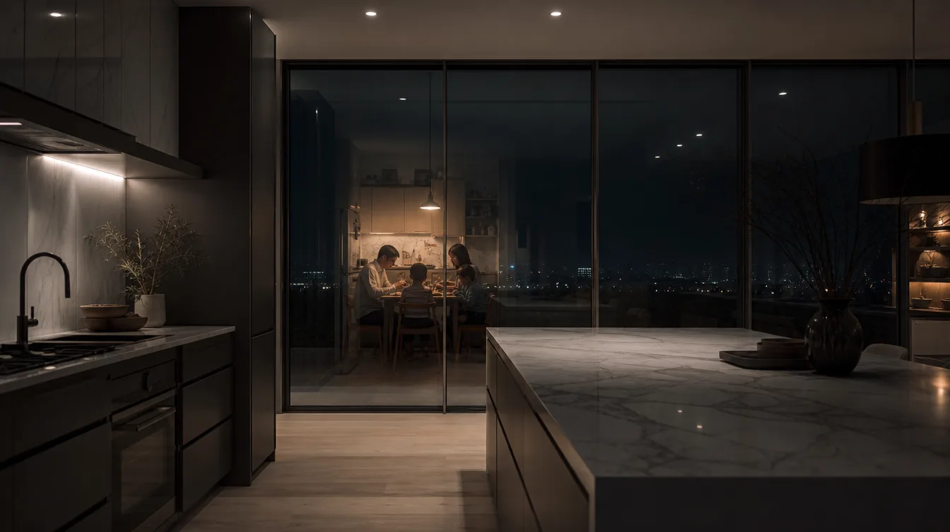 Le reflet d'une grande cuisine moderne vide révélant un petit appartement chaleureux du passé