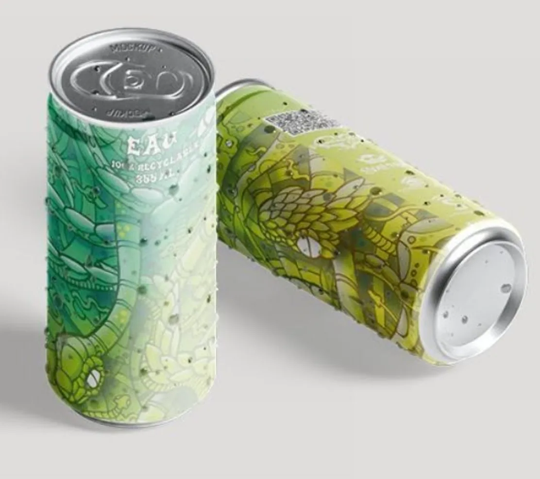 Canettes d'eau D'amour et d'eau fraîche, design serpent végétal vert de l'artiste Sambo