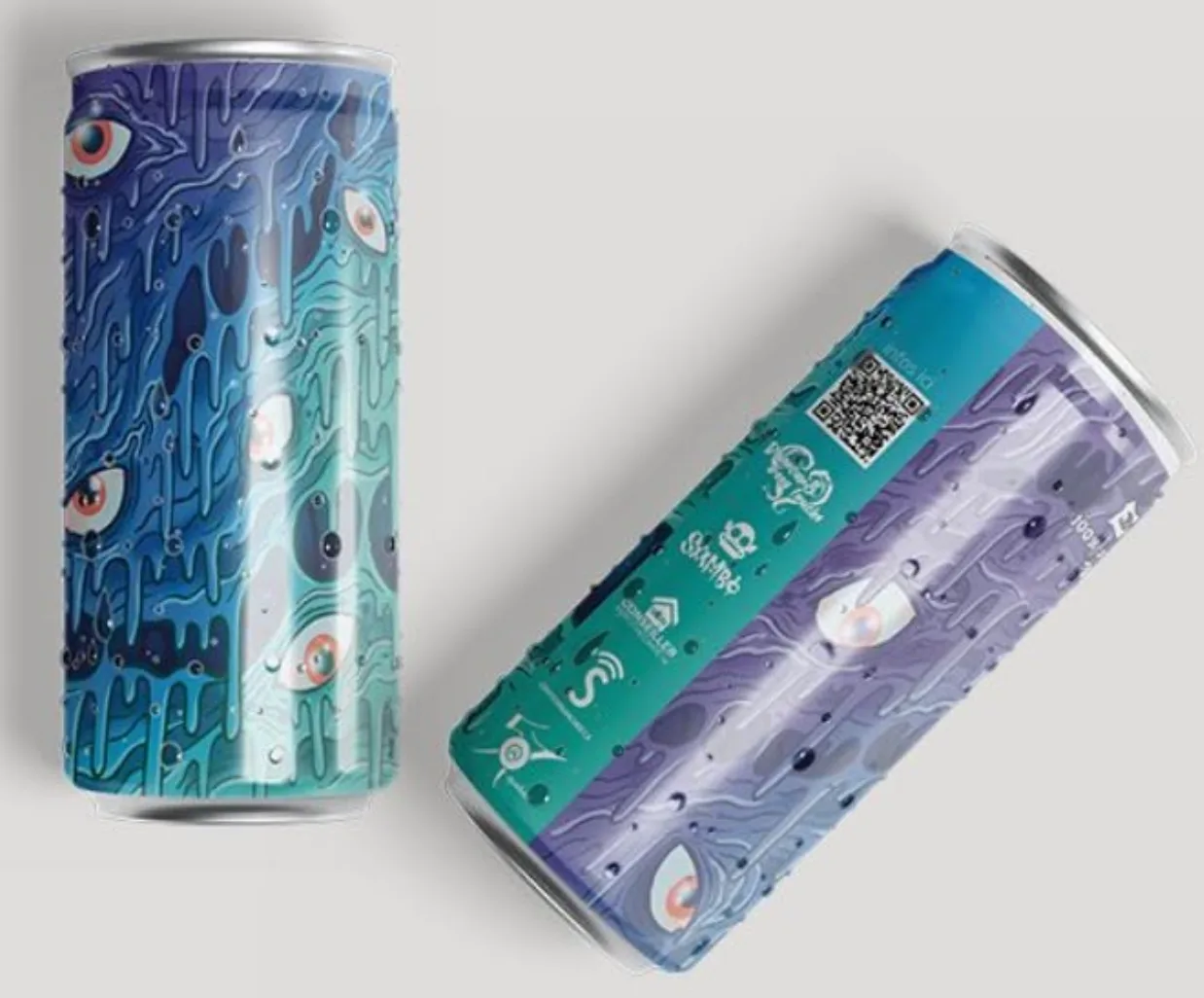 Canettes d'eau D'amour et d'eau fraîche, design bleu aux yeux et coulées de l'artiste Sambo, avec les partenaires et le code QR