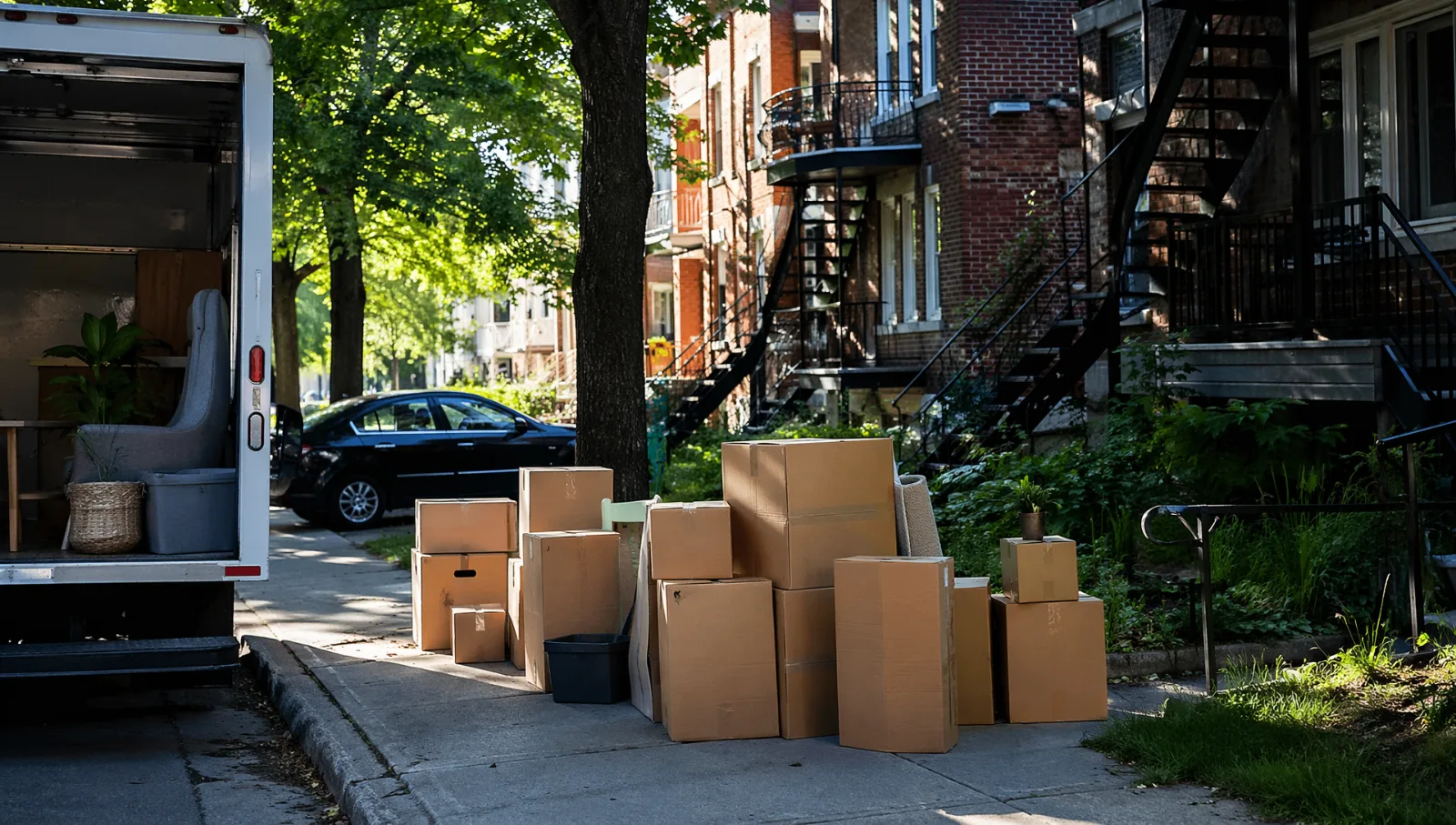 Boîtes de déménagement devant un triplex sherbrookois