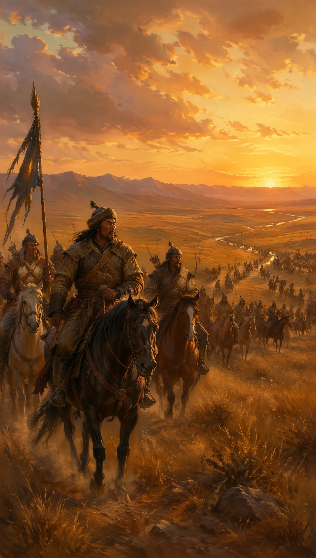 Cavaliers mongols traversant la steppe