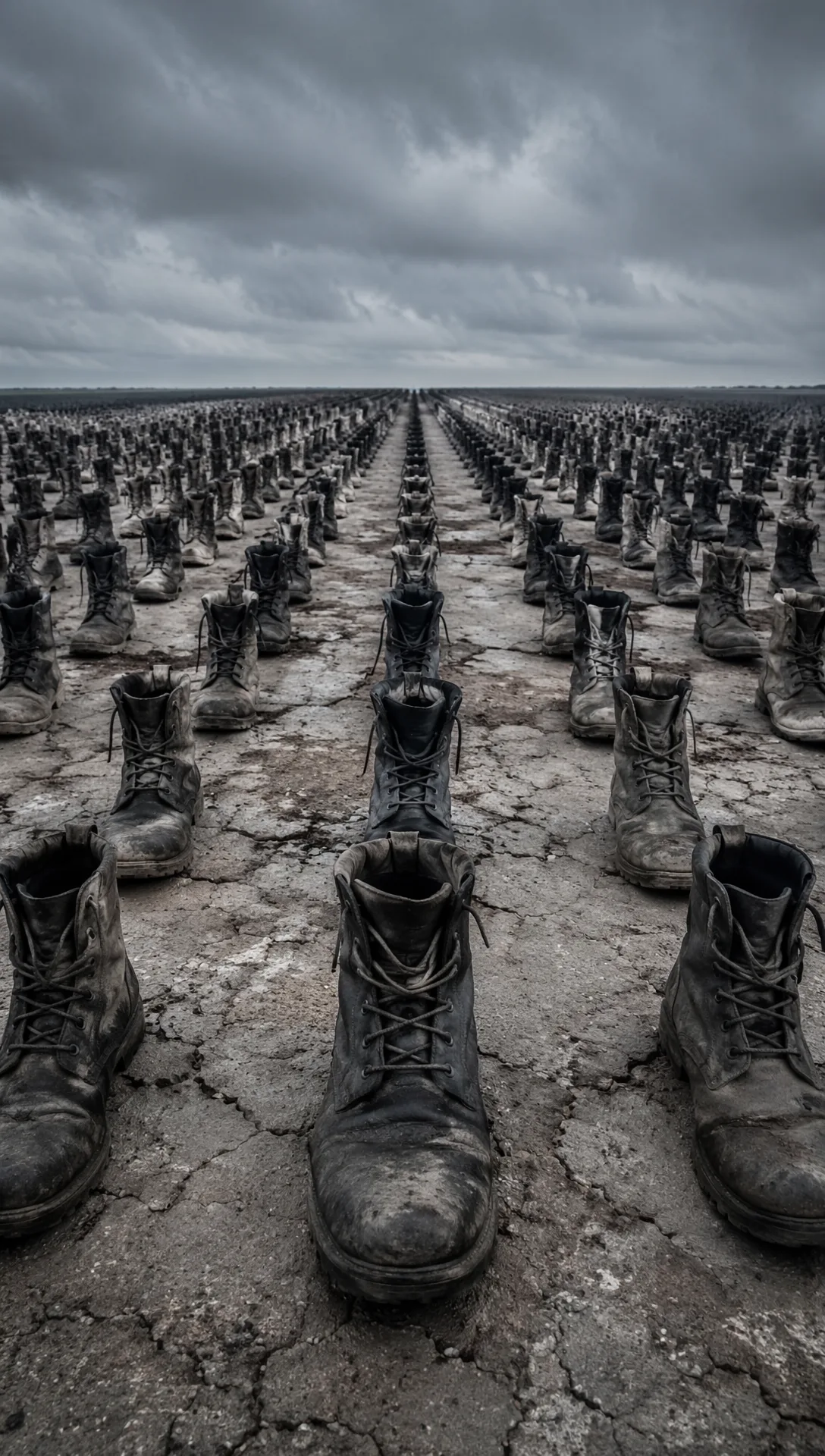 Rangées de bottes militaires vides, symbole de l'attrition