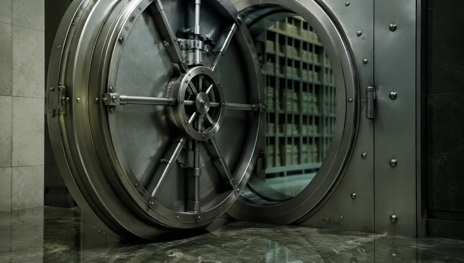 Voûte bancaire entrouverte, symbole des actifs souverains gelés