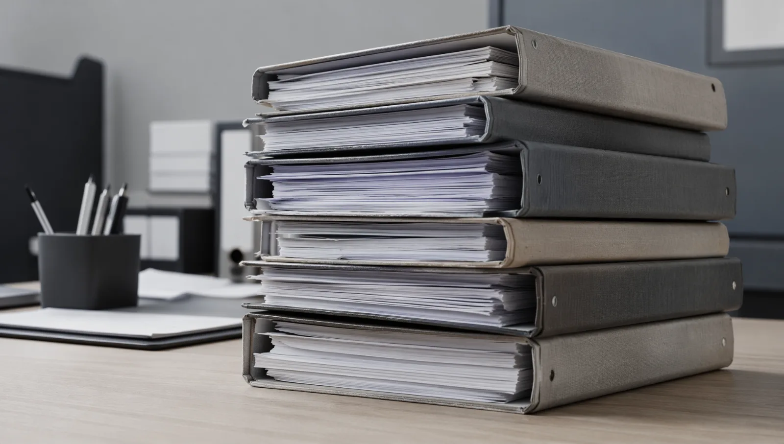 Pile de cartables réglementaires sur un bureau