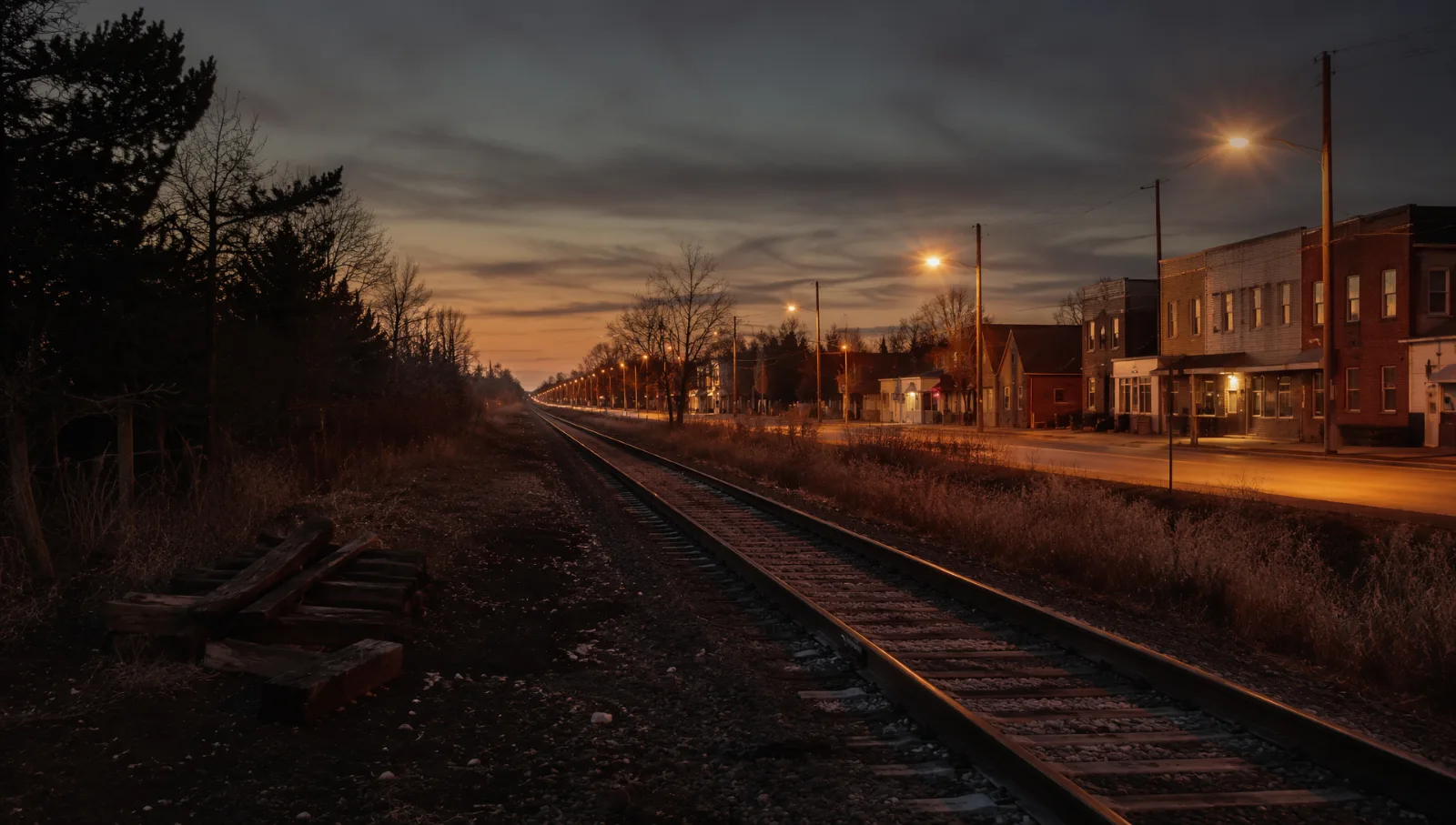 Corridor ferroviaire vide au crépuscule le long d'une rue principale
