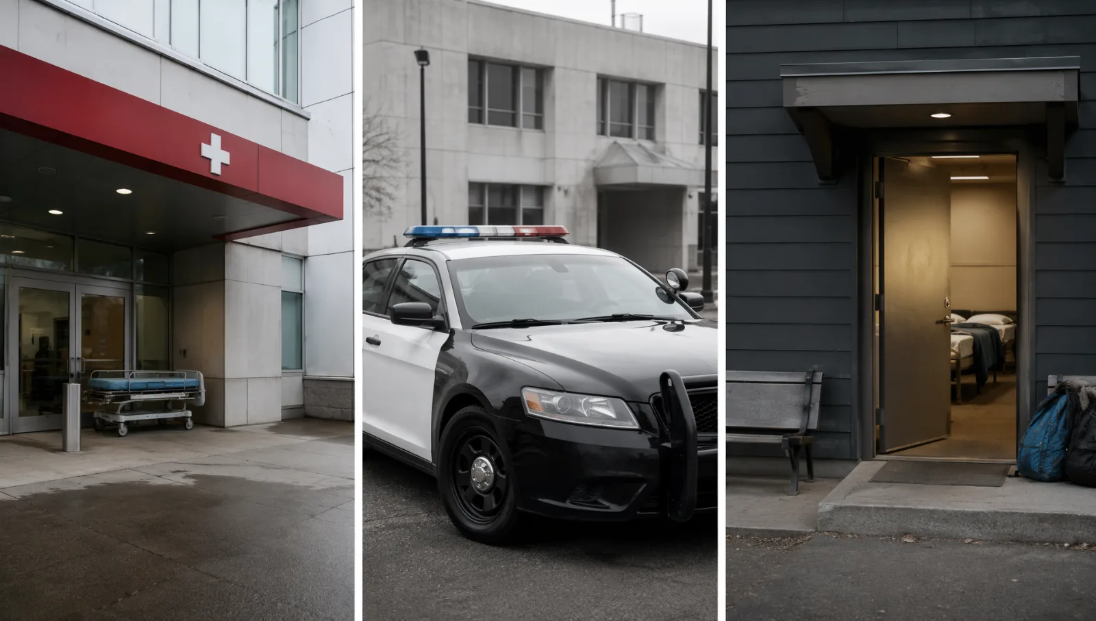Triptyque de services publics : urgence hospitalière, véhicule de police, porte de refuge