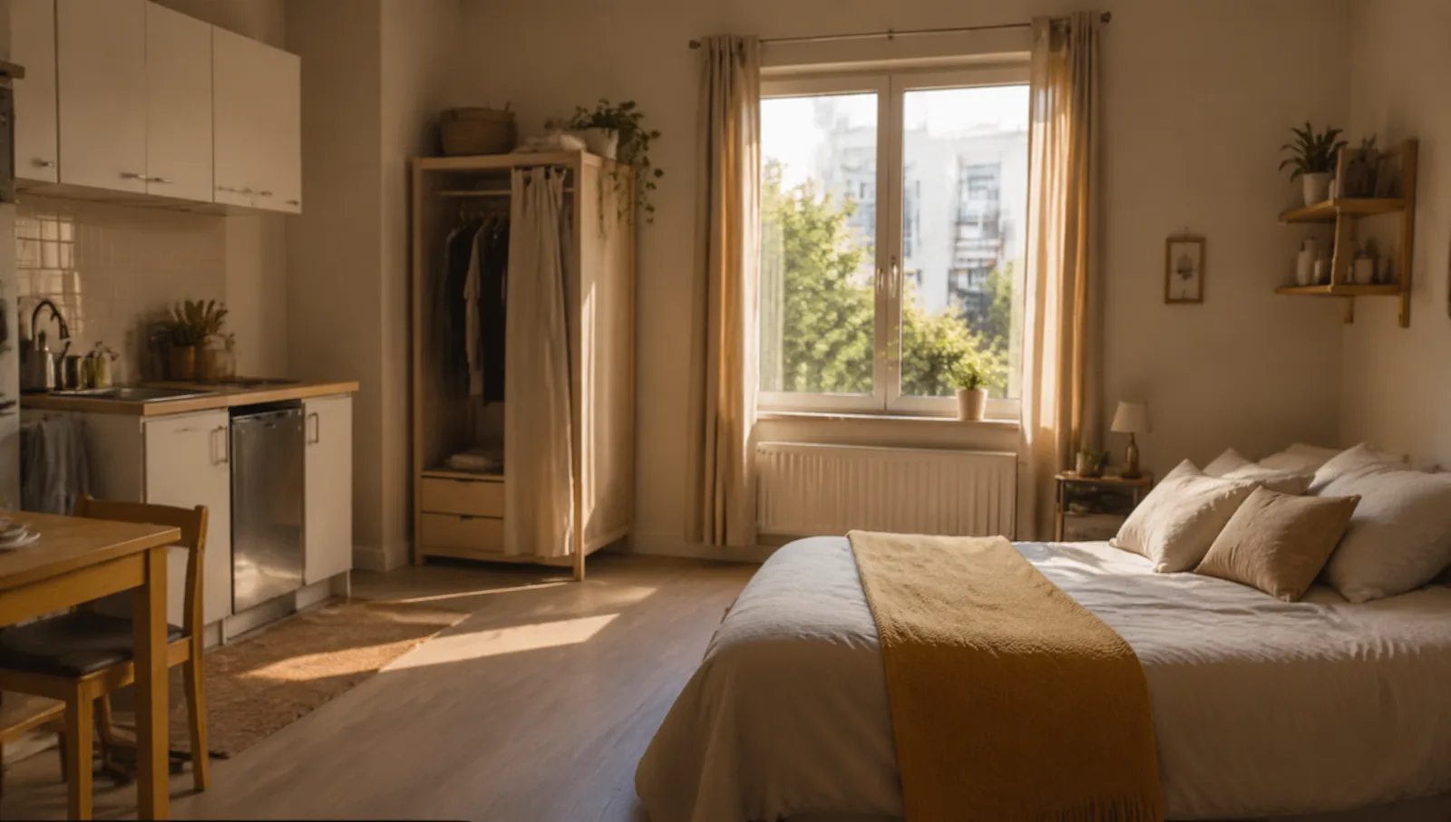 Petit studio modeste avec un lit fait et une fenêtre éclairée par le matin